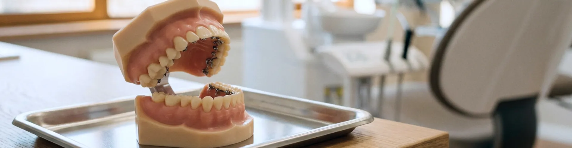 Dental model displaying lingual braces attached to the back of the teeth for discreet orthodontic treatment.