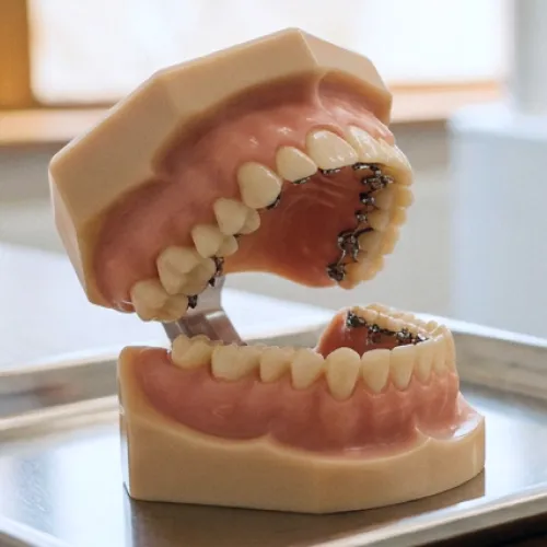 Dental model displaying lingual braces attached to the back of the teeth for discreet orthodontic treatment.